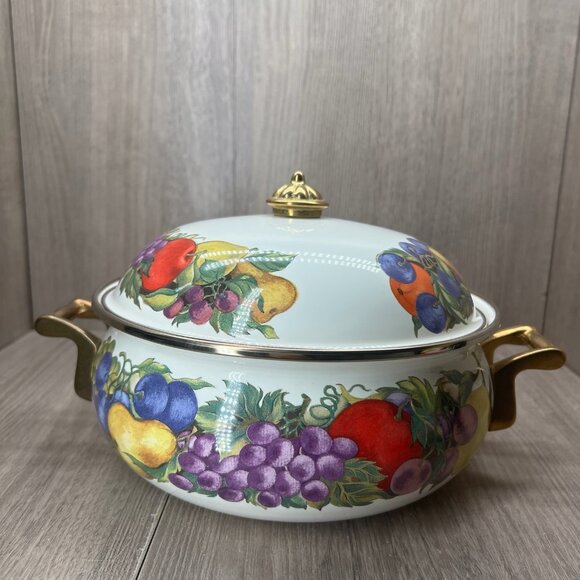 Cornucopia Enamel On Steel 3 Quart Covered Casserole Fruit Pattern Brass Handle - Picture 3 of 13